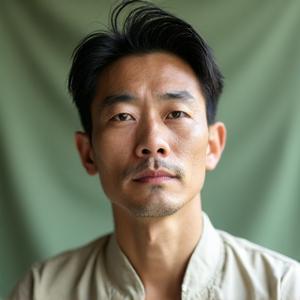 James Chen, a calm, poised mindfulness instructor, in a contemplative pose.