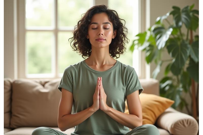 A serene individual in their late 30s engaged in mindful meditation in a sunlit, leafy room, embodying calm and self-care.