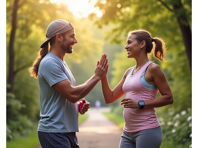 Two diverse adults, one male and one female, smiling and high-fiving, with fitness trackers and healthy snacks in the background, symbolizing successful wellness accountability.