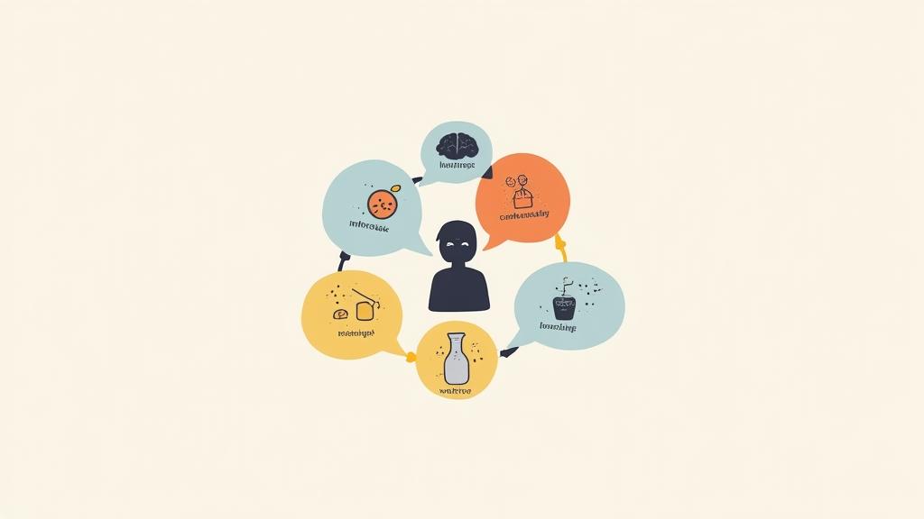 Illustration of diverse discussion bubbles, each with a wellness icon, flowing into a central conversation, emphasizing variety and connection.