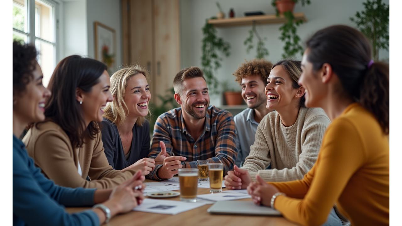 Diverse group of adults laughing and engaging in a vibrant, supportive community setting, representing health and wellness connection.