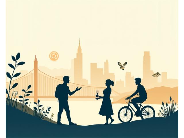 Illustration of the San Francisco skyline with silhouette of people doing yoga or hiking, surrounded by wellness icons, symbolizing local community and outdoor activities.