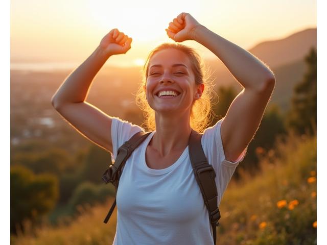 A woman in her late 30s celebrating a personal wellness achievement, possibly completing a run or reaching a fitness goal, radiating joy and confidence.