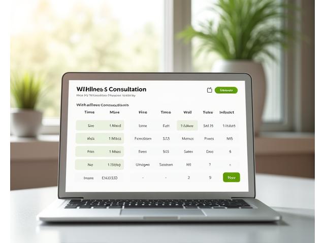 Calendar interface with various time slots for wellness consultations highlighted.