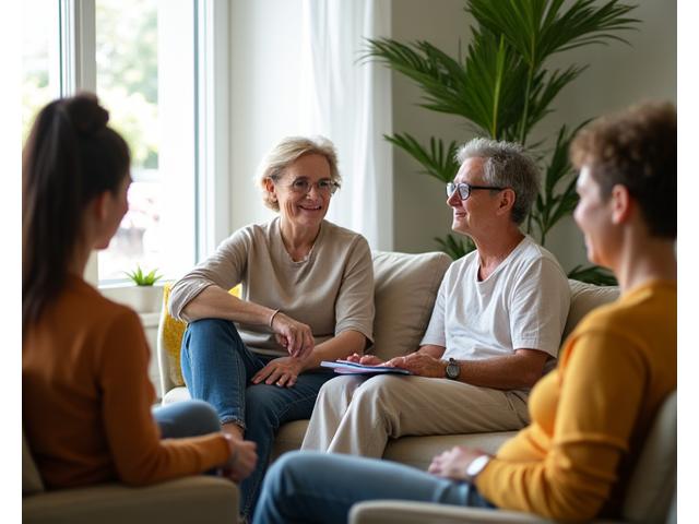 Diverse group of adults engaged in a focused discussion during a wellness group session.
