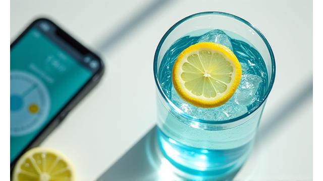 Glass of water with lemon and a water tracking app on a phone