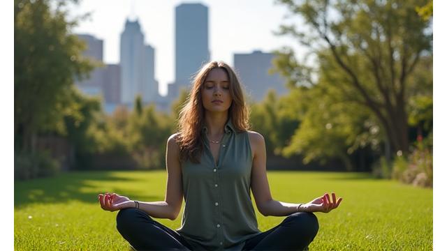 Person meditating in a calm, urban garden setting