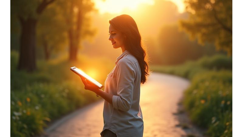 A person confidently walking on a path, with light glowing from a book or tablet in their hand, symbolizing practical application of knowledge and positive change.