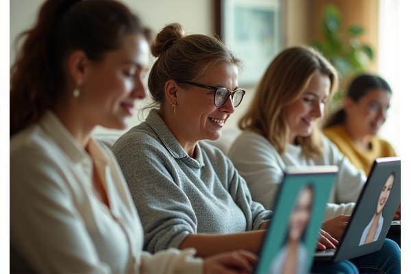 A diverse group of adults 35+ engaged in a vibrant online webinar, actively taking notes and asking questions, with a renowned expert presenter on screen. Emphasize engagement and accessible learning.