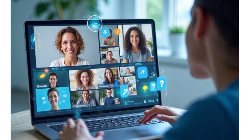An animated group of diverse professionals participating in a live online Q&A session, with chat bubbles and question icons, highlighting interaction and engagement.