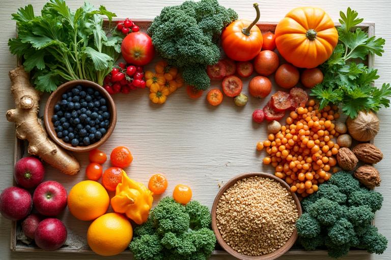 An artfully arranged spread of colorful superfoods, adaptogenic herbs, and fresh produce, emphasizing natural healing and vibrant health.