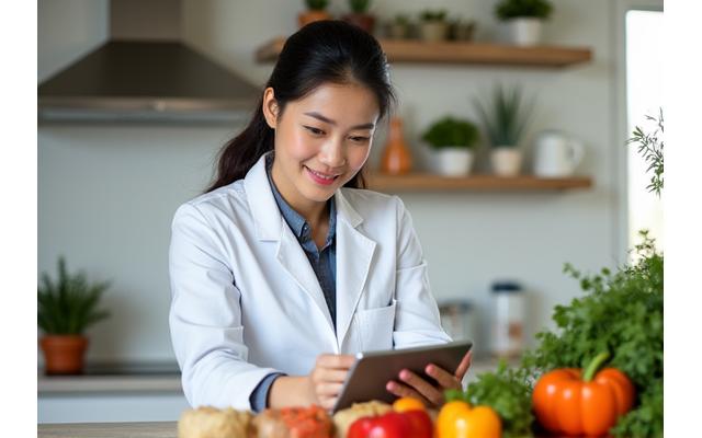 Jennifer Liu, a Registered Dietitian, thoughtfully observing nutrient-rich ingredients.