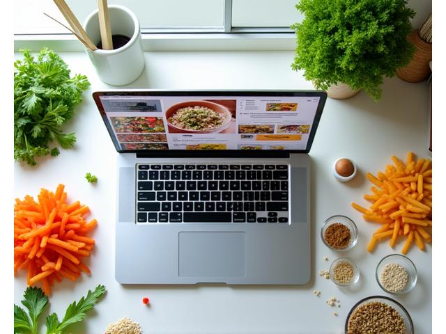 A user-friendly digital meal planning interface on a laptop, surrounded by fresh, colorful ingredients, symbolizing ease and health.
