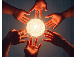 A diverse group of hands reaching towards a central sphere or light, symbolizing connection and shared insights in a community forum.