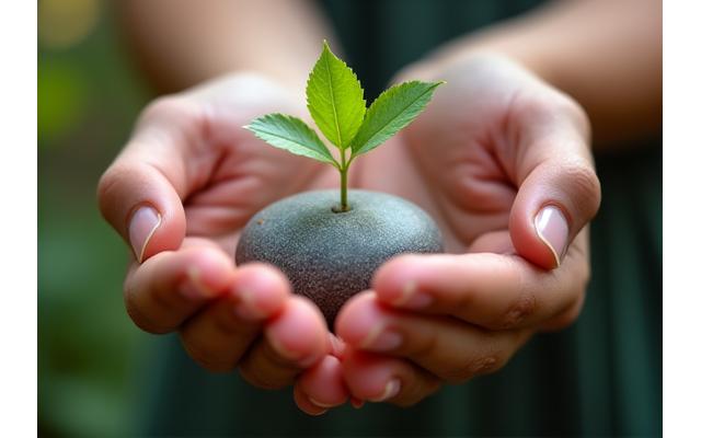Hands gently holding a budding plant or a smooth stone, symbolizing emotional nurturing and balance.