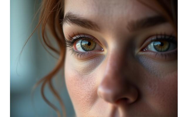 Person with clear, bright eyes looking intently at something off-camera, symbolizing enhanced focus and mental clarity.