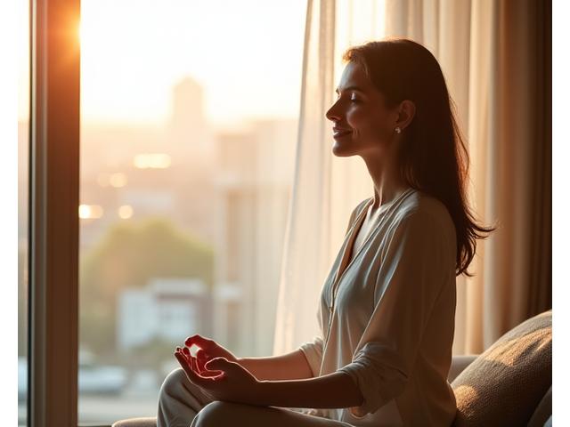 Woman meditating calmly by a window, bathed in soft, natural light, embodying peace and clarity.