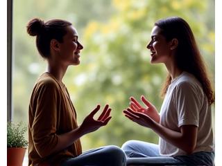 Two friends or colleagues sharing a quiet, encouraging moment, symbolizing a practice buddy relationship.