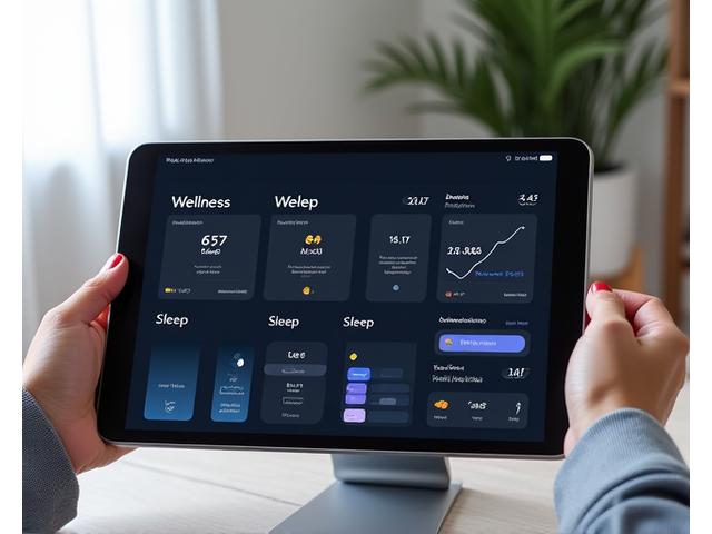 A clean, simple digital dashboard displaying wellness metrics like mood, sleep patterns, and daily mindfulness streaks with calming colors.