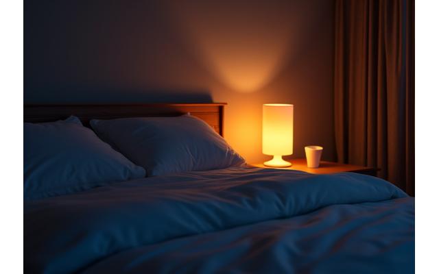 Serene bedroom scene at dusk with a person comfortably settled, preparing for restful sleep with gentle lighting.