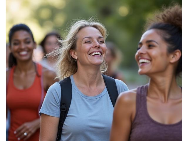 Diverse group of people smiling, engaged in an outdoor wellness activity, conveying community and connection.