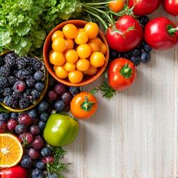 Fresh fruits and vegetables in a vibrant arrangement signifying nutrition.