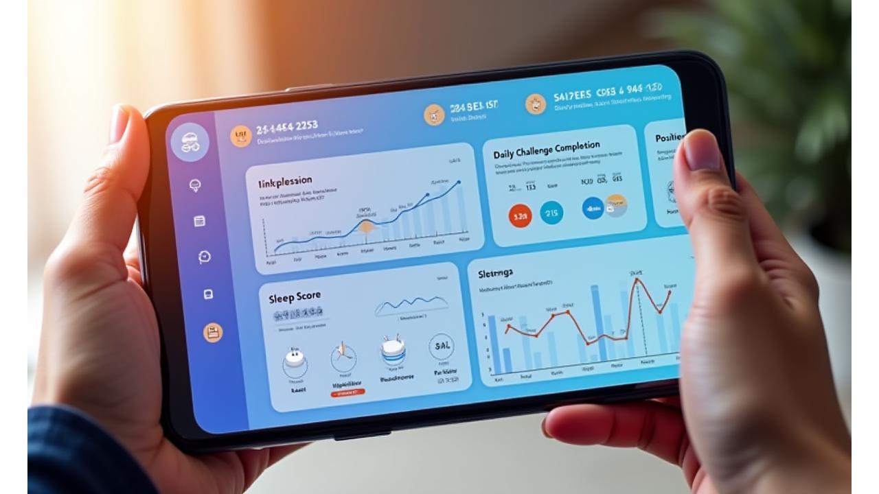 A clean, modern dashboard interface showing health metrics, progress bars, and achievement badges.