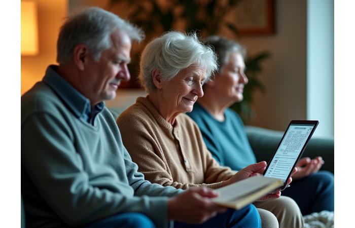 A diverse group of adults over 35 engaged in activities that promote cognitive health, such as reading, solving puzzles, and mindful meditation, with a bright, engaged expression.