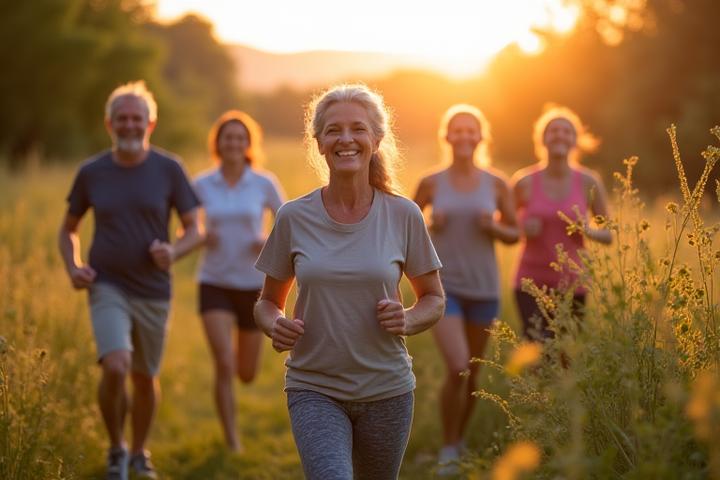 Diverse group of active, smiling adults over 35 hiking in nature, looking vibrant and healthy.