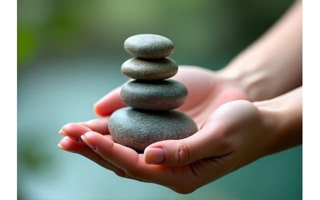 A serene woman gently balancing smooth stones, symbolizing hormonal equilibrium and wellness.