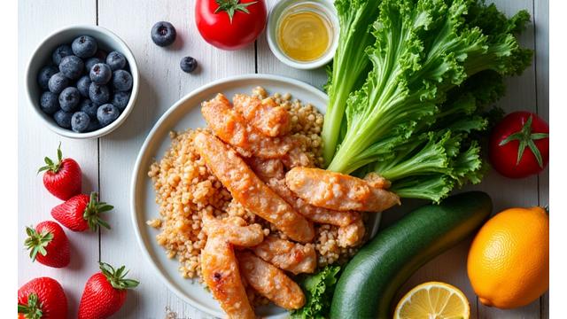 Fresh, colorful food like berries, lean protein, and leafy greens arranged on a table.