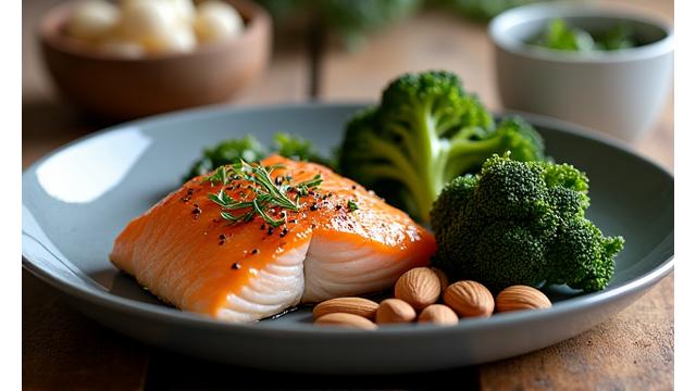 A balanced meal with salmon, quinoa, and roasted vegetables, promoting bone healthy fats.