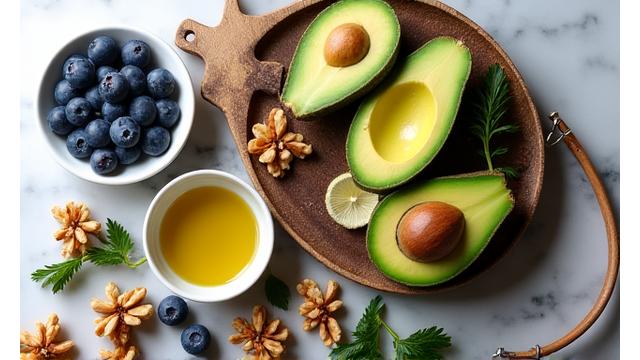 Heart-healthy foods like avocados, nuts, and berries on a wooden board.