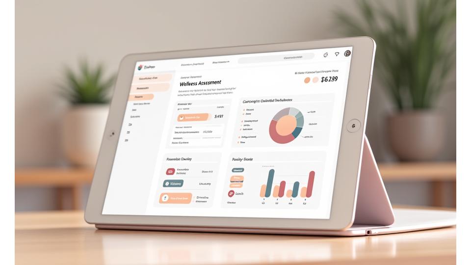 Screenshot of a personalized wellness assessment dashboard with interactive charts and progress indicators