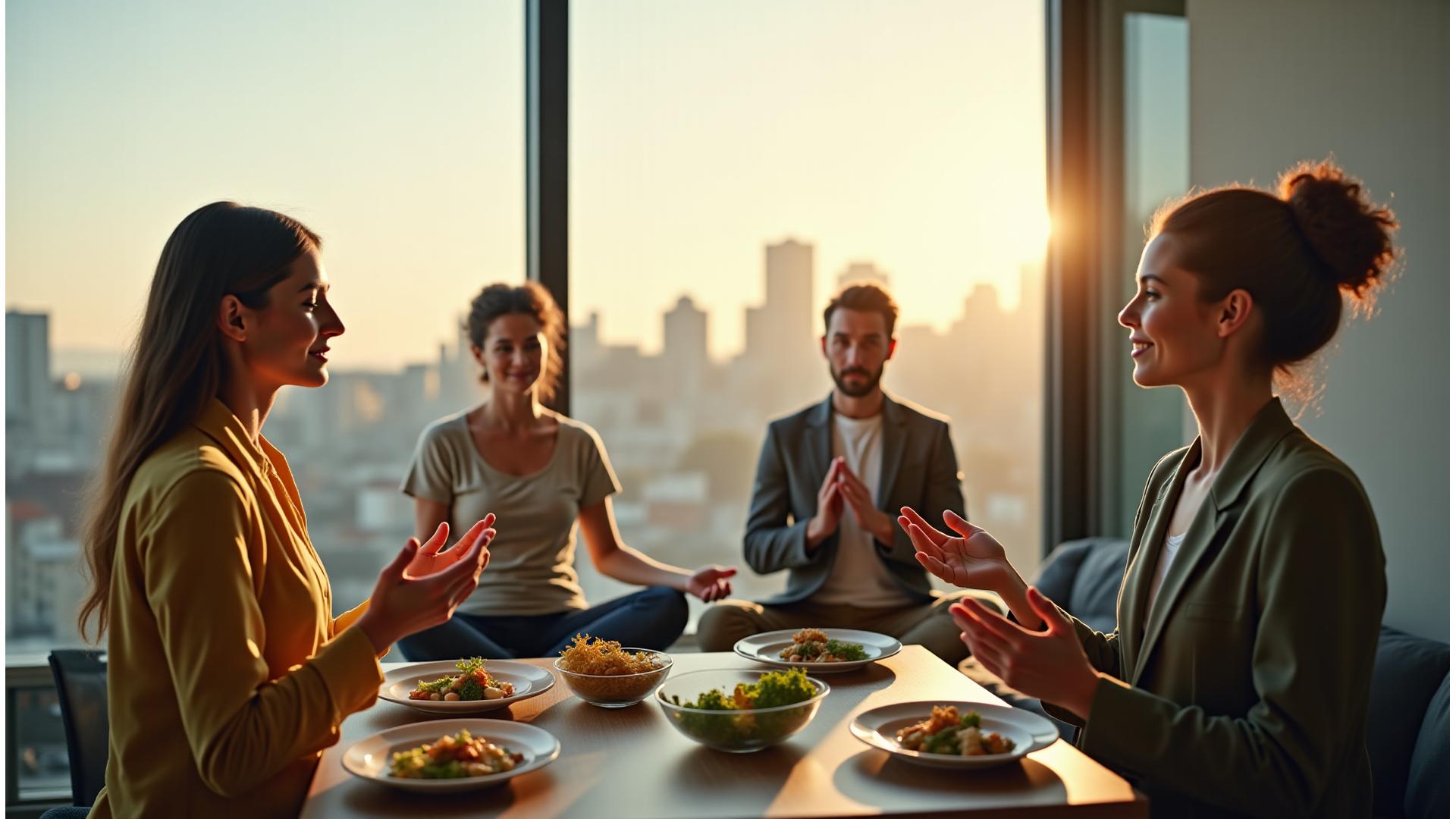 Diverse San Francisco professionals engaged in mindful activities, bustling city background slightly blurred