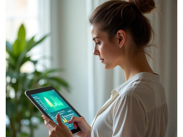 Woman assessing her health data on a tablet, with vibrant, abstract health metrics surrounding her.
