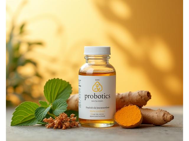 Image of healthy gut bacteria, probiotics in a bottle, and fresh digestive herbs, representing gut health solution.