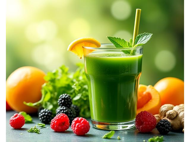 A glass of vibrant green juice, fresh ginger, and a hand reaching for berries, depicting natural energy and vitality.