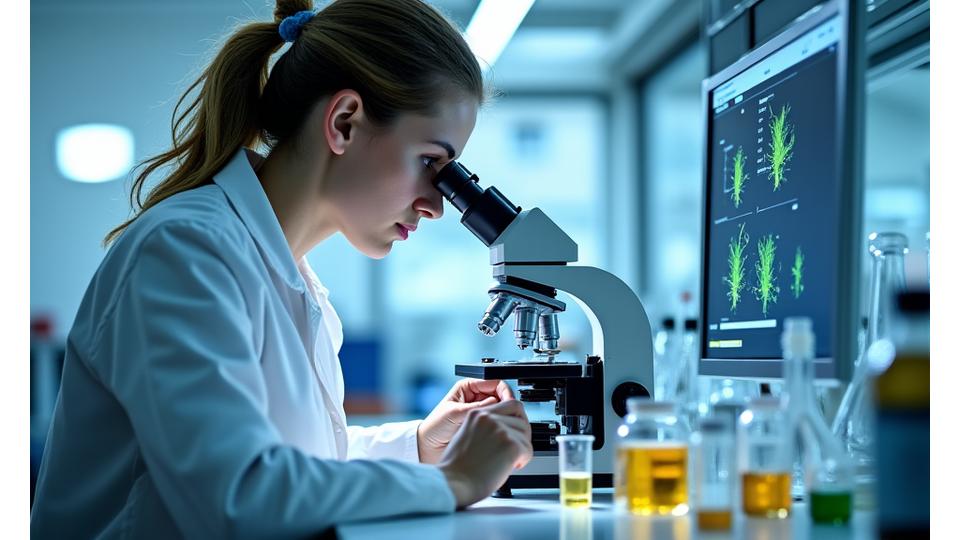 Scientist in a lab coat examining plant extracts with a microscope, illustrating rigorous scientific validation.