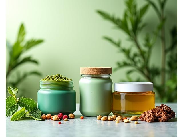 Assortment of vibrant functional nutrition products: superfood powders, plant-based protein, and nutrient-dense snacks, illustrating healthy eating.