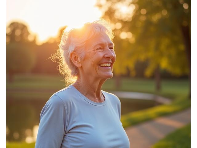 An older adult with healthy, glowing skin, smiling and engaged in light activity, embodying healthy aging and vitality.