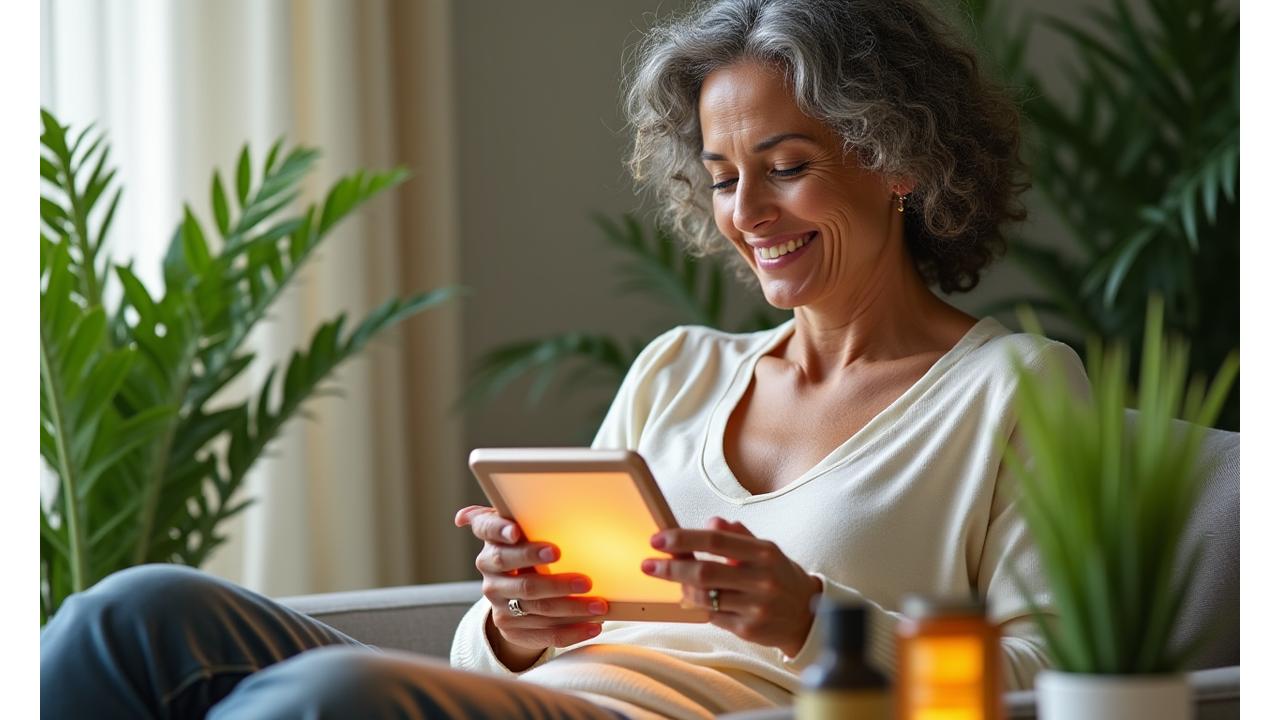 Woman using a personalized product finder on a tablet, surrounded by various natural health products and green plants, depicting ease and trusted selection.