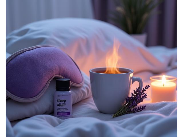A serene image of lavender, chamomile tea, and a comfortable eye mask, symbolizing natural sleep and stress relief products.