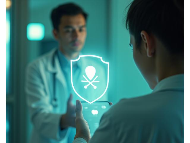 Abstract image of a blurred health professional advising a patient, with a clear overlay representing a 'disclaimer' or 'important notice' shield, emphasizing caution and professional advice.