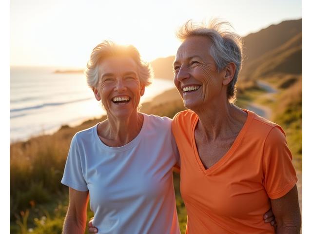 Joyful older couple actively enjoying a hike, depicting healthy aging and longevity