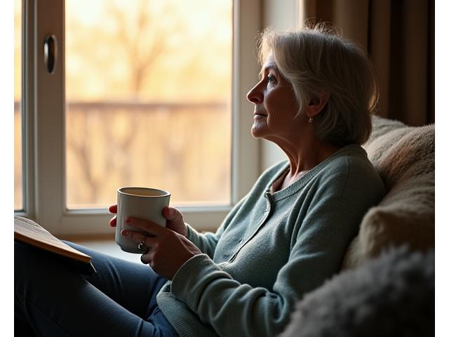 Person thoughtfully gazing out a window, representing mental well-being and introspection during midlife
