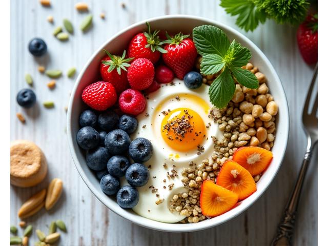 Vibrant, colorful bowl of healthy food, symbolizing sustained energy through nutrition