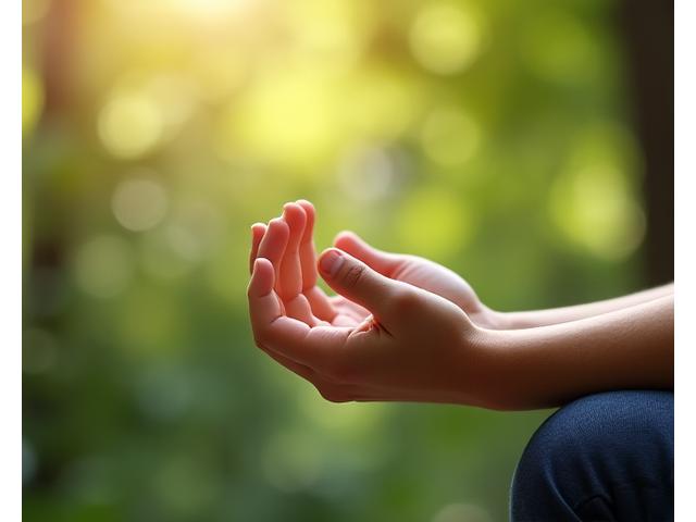 Person meditating calmly in a serene, natural environment with soft lighting